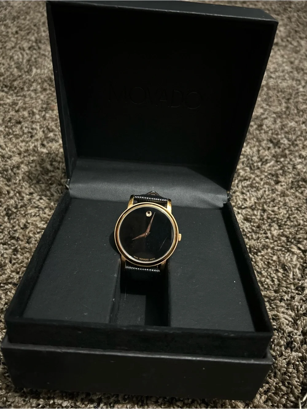 Authentic Movado Black Dial Rose Gold-Tone Case Leather Strap Unisex Watch